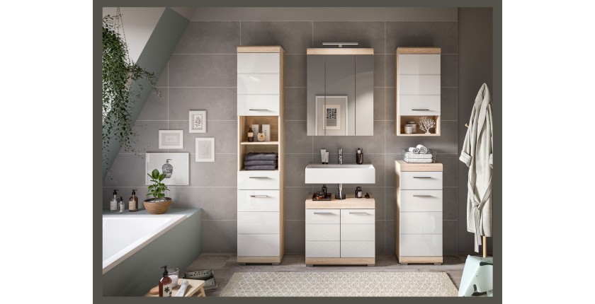 Meuble sous vasque LEWOTO – 2 portes – Blanc et chêne clair 