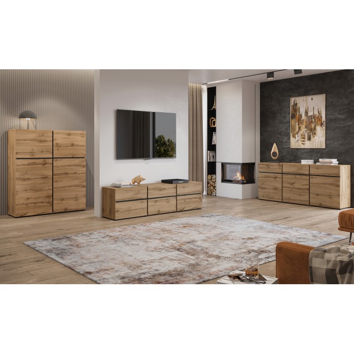 Ensemble meubles de salon HAVANA – Buffet haut, meuble TV, buffet bas – Design moderne chêne et noir