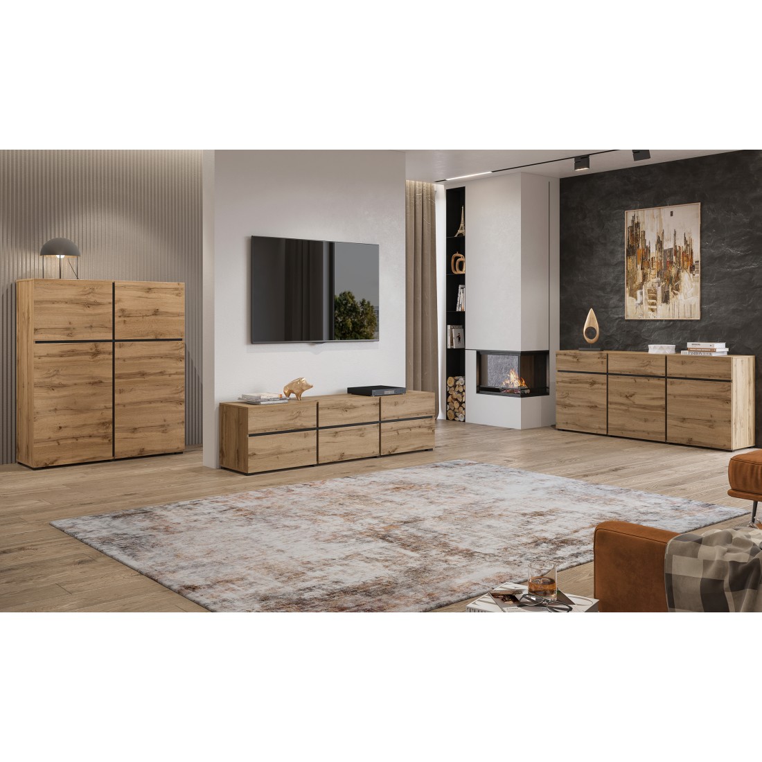 Conjunto de muebles de salón HAVANA – Aparador alto, mueble para TV, aparador bajo – Diseño moderno en roble y negro