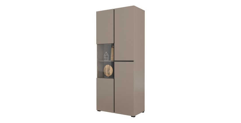 Vitrine haute 2 portes collection HAVANA avec LED intégrée. Coloris beige et noir.