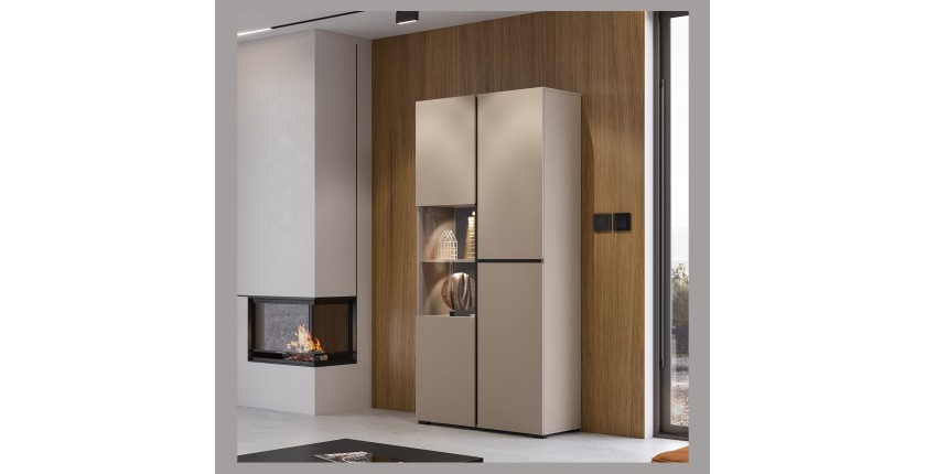 Vitrine haute 2 portes collection HAVANA avec LED intégrée. Coloris beige et noir.