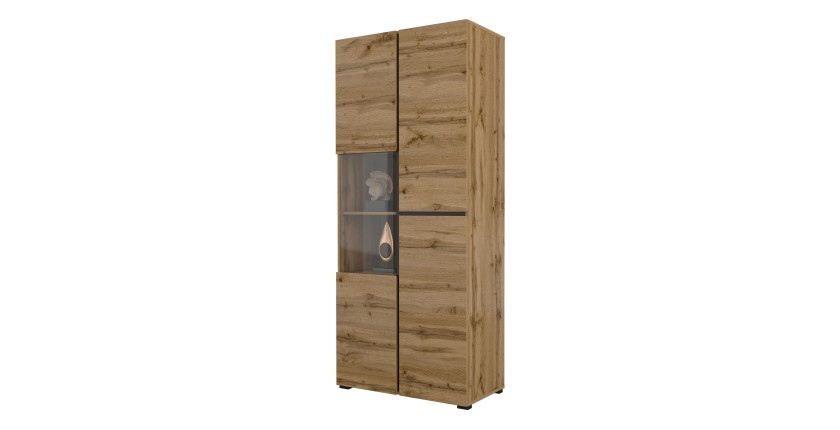 Vitrine haute 2 portes collection HAVANA avec LED intégrée. Coloris chêne et noir.