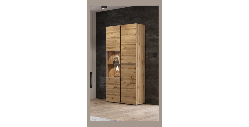 Vitrine haute 2 portes collection HAVANA avec LED intégrée. Coloris chêne et noir.