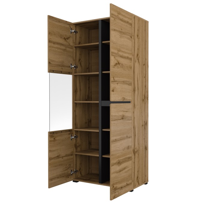 Hohe Vitrine mit 2 Türen aus der HAVANA Kollektion mit integrierter LED. Farbe Eiche und Schwarz.
