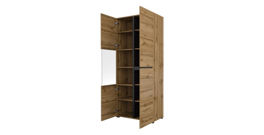 Vitrine haute 2 portes collection HAVANA avec LED intégrée. Coloris chêne et noir.