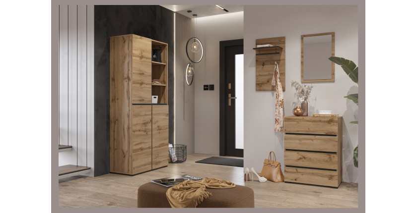 Vitrine haute 2 portes collection HAVANA avec LED intégrée. Coloris chêne et noir.