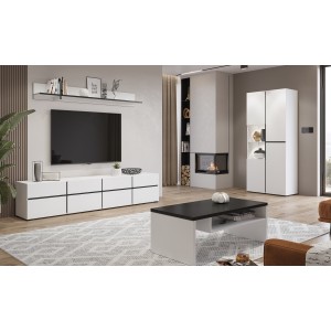 Ensemble de 4 meubles collection HAVANA coloris blanc et noir. Meuble TV XL, vitrine, table basse, étagère