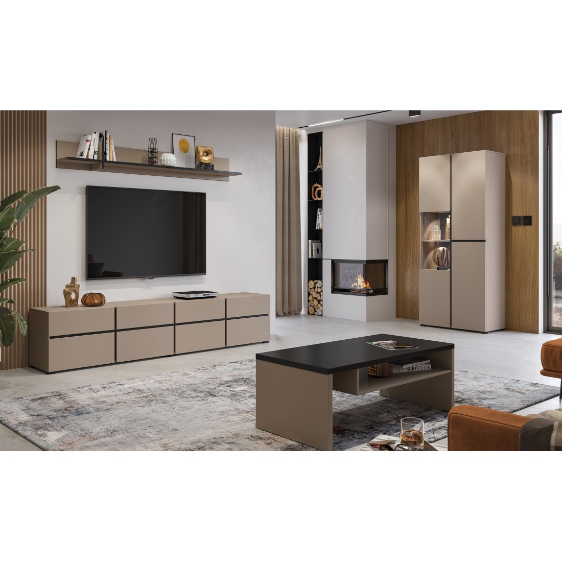 Conjunto de 4 muebles colección HAVANA color beige y negro. Mueble para TV XL, vitrina, mesa de centro, estantería.