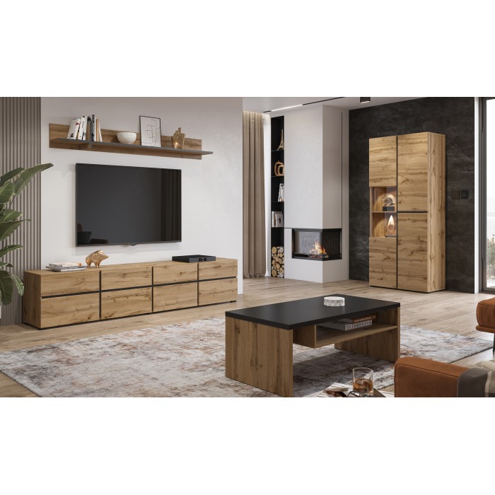 Ensemble de 4 meubles collection HAVANA coloris chêne et noir. Meuble TV XL, vitrine, table basse, étagère