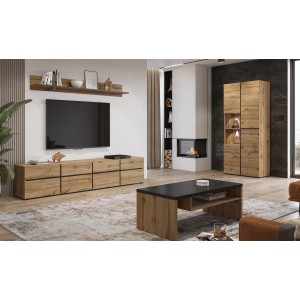 Ensemble de 4 meubles collection HAVANA coloris chêne et noir. Meuble TV XL, vitrine, table basse, étagère