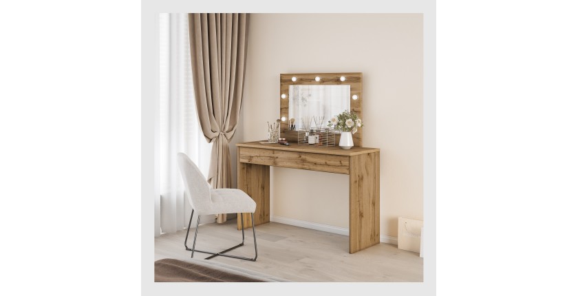 Coiffeuse DIVA chêne – Avec miroir, tiroir et LED – Élégance naturelle et fonctionnalité