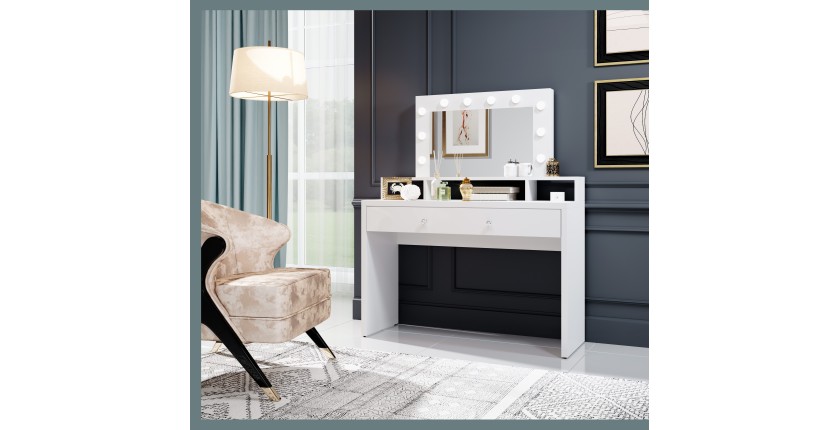 Coiffeuse SENSA blanche – Avec miroir, tiroir, étagère et LED – Design épuré et fonctionnel