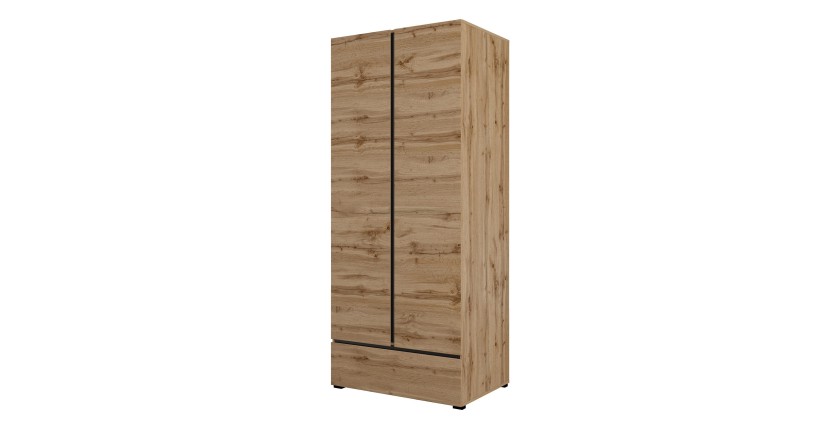 Armario HAVANA 90 cm – Roble y negro – 2 puertas + 1 cajón – Almacenamiento compacto de estilo natural