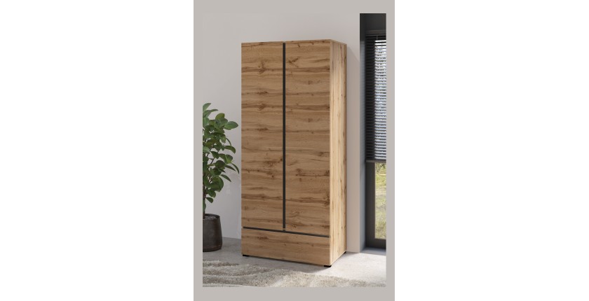 Armoire HAVANA 90 cm – Chêne et noir – 2 portes + 1 tiroir – Rangement compact au style naturel