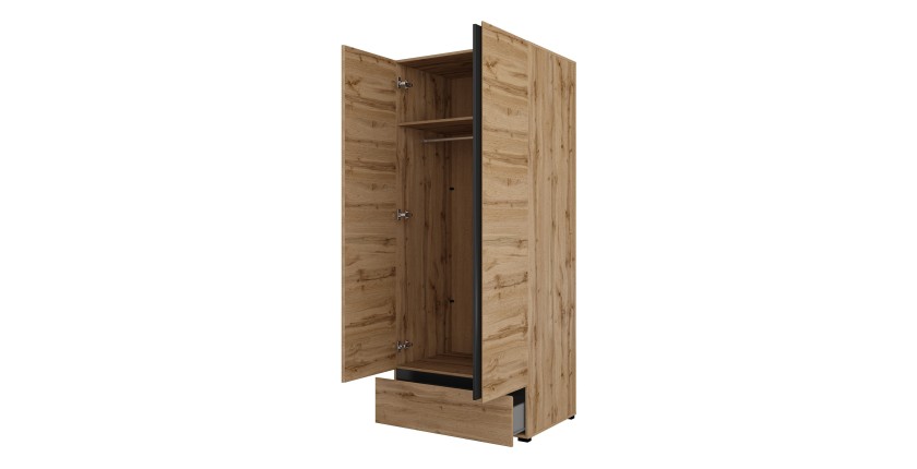 Armoire HAVANA 90 cm – Chêne et noir – 2 portes + 1 tiroir – Rangement compact au style naturel