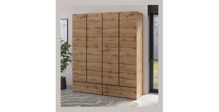 Armoire HAVANA 180 cm – Chêne et noir – 4 portes + 2 tiroirs – Élégance naturelle et grande capacité