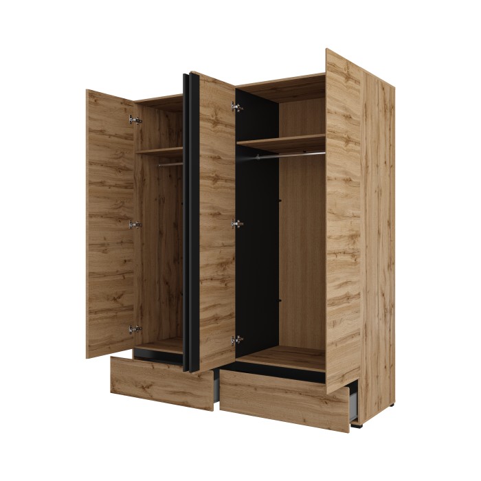 Armadio HAVANA 180 cm - Rovere e nero - 4 porte e 2 cassetti - Eleganza naturale e grande capacità