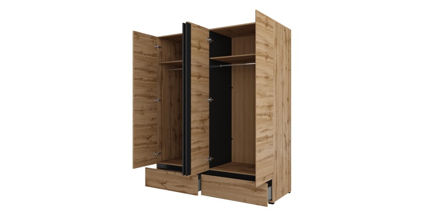Armoire HAVANA 180 cm – Chêne et noir – 4 portes + 2 tiroirs – Élégance naturelle et grande capacité