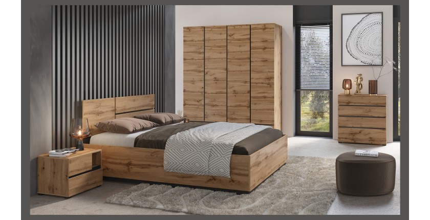 Armoire HAVANA 180 cm – Chêne et noir – 4 portes + 2 tiroirs – Élégance naturelle et grande capacité