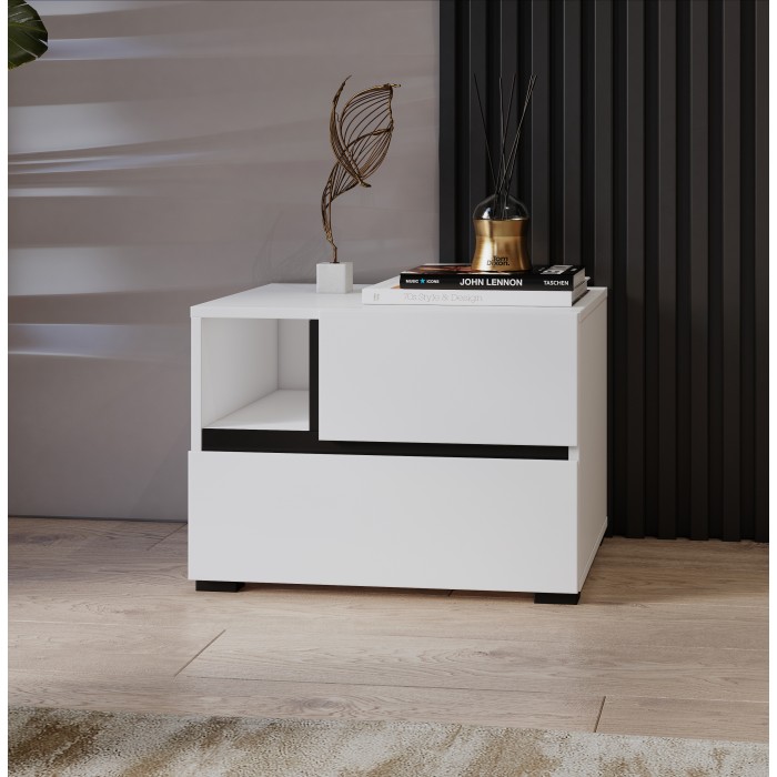 Tavolino da notte HAVANA bianco e nero – 2 cassetti e 1 vano – Design contemporaneo e funzionale