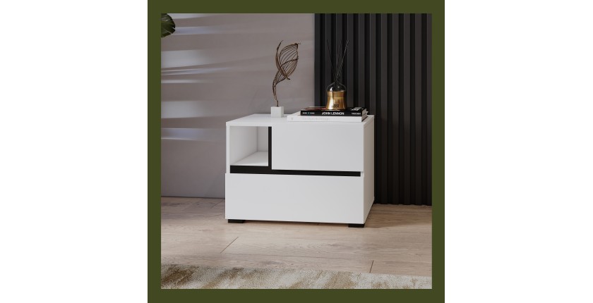 Table de chevet HAVANA blanche et noire – 2 tiroirs et 1 niche – Design contemporain et fonctionnel
