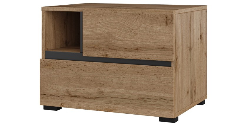 Table de chevet HAVANA chêne et noir – 2 tiroirs et 1 niche – Style naturel et rangement pratique