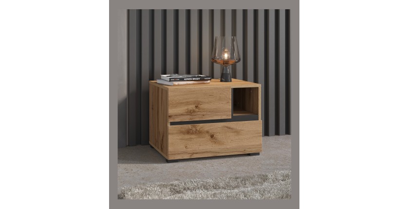 Table de chevet HAVANA chêne et noir – 2 tiroirs et 1 niche – Style naturel et rangement pratique