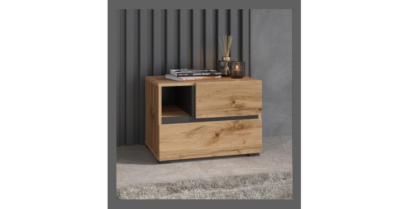 Table de chevet HAVANA chêne et noir – 2 tiroirs et 1 niche – Style naturel et rangement pratique