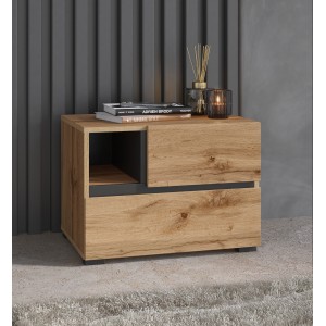 Table de chevet HAVANA chêne et noir – 2 tiroirs et 1 niche – Style naturel et rangement pratique