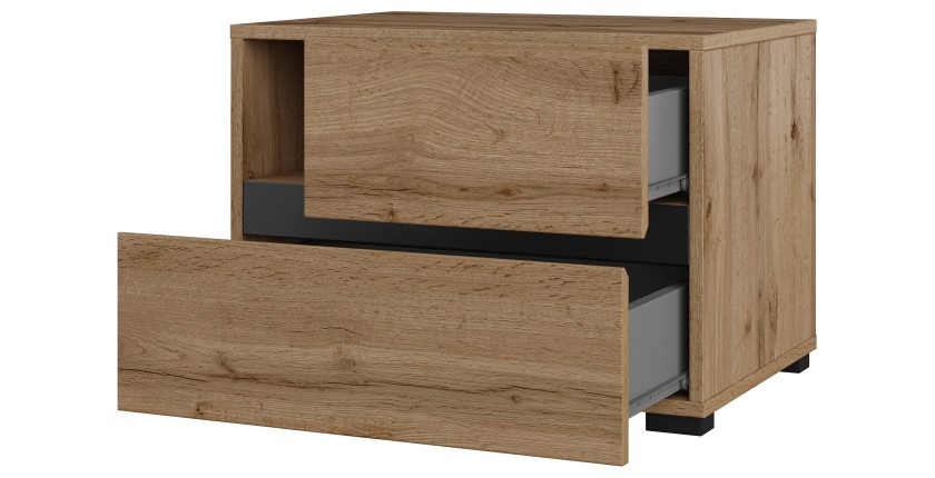 Table de chevet HAVANA chêne et noir – 2 tiroirs et 1 niche – Style naturel et rangement pratique