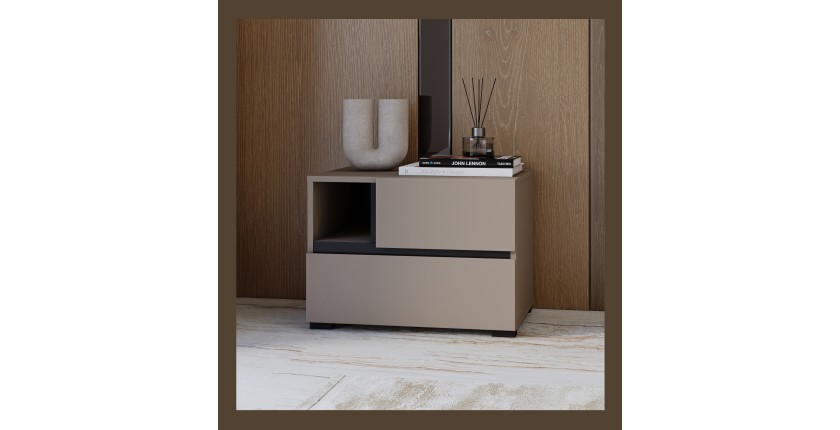 Table de chevet HAVANA beige et noir – 2 tiroirs et 1 niche – Rangement moderne et design élégant