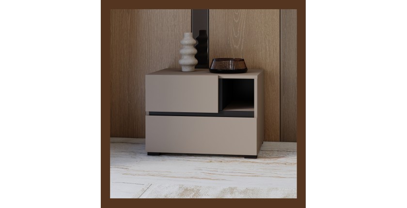 Comodino HAVANA beige e nero - 2 cassetti e 1 vano - Contenitore moderno e design elegante