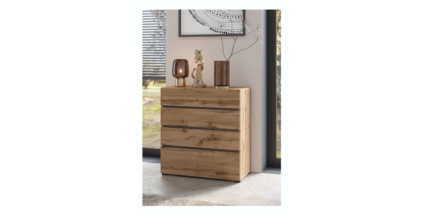 Commode HAVANA eiken en zwart - 4 laden - Natuurlijke stijl en moderne opberging