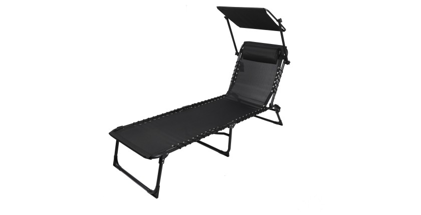 Lot de 2 bains de soleil avec tablette-parasol et coussin – 187x56x85 cm – Métal noir – Toile noire