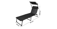 Lot de 2 bains de soleil avec tablette-parasol et coussin – 187x56x85 cm – Métal noir – Toile noire