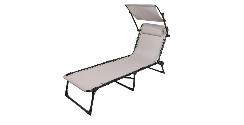 Lot de 2 bains de soleil avec tablette-parasol et coussin – 187x56x85 cm – Métal noir – Toile taupe