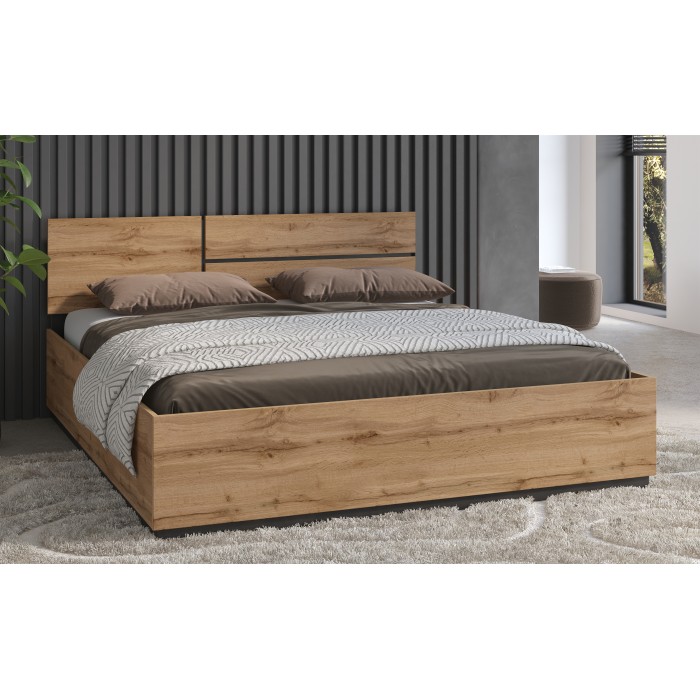 Lit HAVANA 180x200 cm chêne et noir – Grand lit moderne pour chambre naturelle