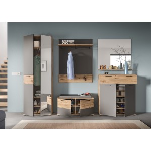 Ensemble de salle de bain : meuble sous vasque + demi colonne + miroir – Gris anthracite et chêne clair – SELMA