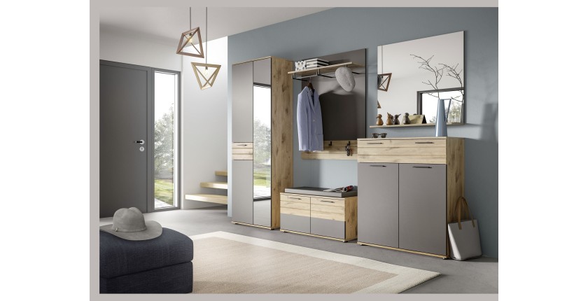 Ensemble de salle de bain : meuble sous vasque + demi colonne + miroir – Gris anthracite et chêne clair – SELMA