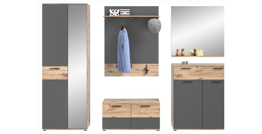 Ensemble de salle de bain : meuble sous vasque + demi colonne + miroir – Gris anthracite et chêne clair – SELMA