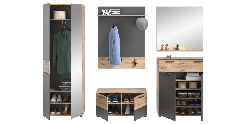 Ensemble de salle de bain : meuble sous vasque + demi colonne + miroir – Gris anthracite et chêne clair – SELMA