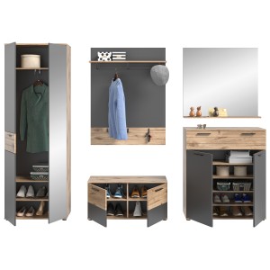 Ensemble de salle de bain : meuble sous vasque + demi colonne + miroir – Gris anthracite et chêne clair – SELMA