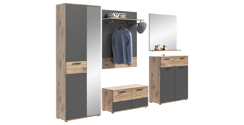 Ensemble de salle de bain : meuble sous vasque + demi colonne + miroir – Gris anthracite et chêne clair – SELMA