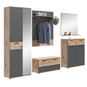 Ensemble de salle de bain : meuble sous vasque + demi colonne + miroir – Gris anthracite et chêne clair – SELMA