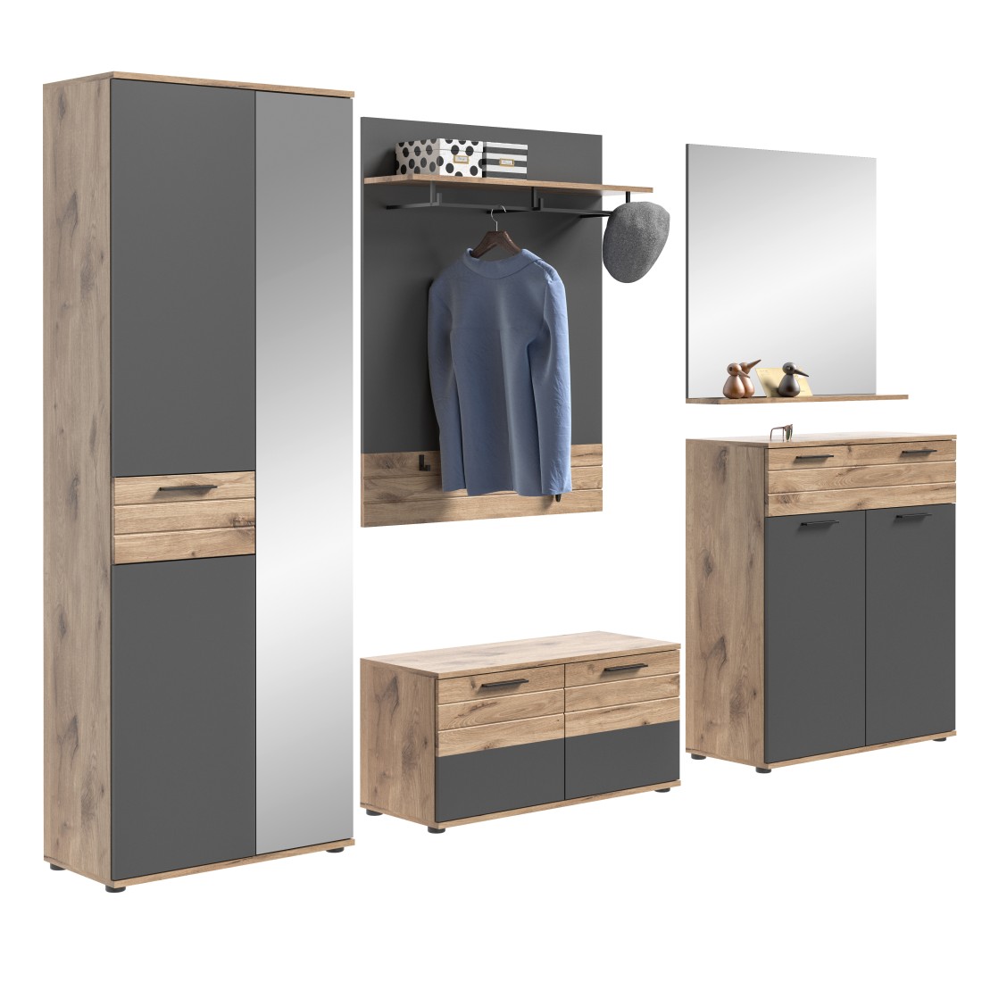 Ensemble de salle de bain : meuble sous vasque + demi colonne + miroir – Gris anthracite et chêne clair – SELMA