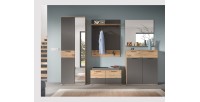 Ensemble de salle de bain : meuble sous vasque + demi colonne + miroir – Gris anthracite et chêne clair – SELMA