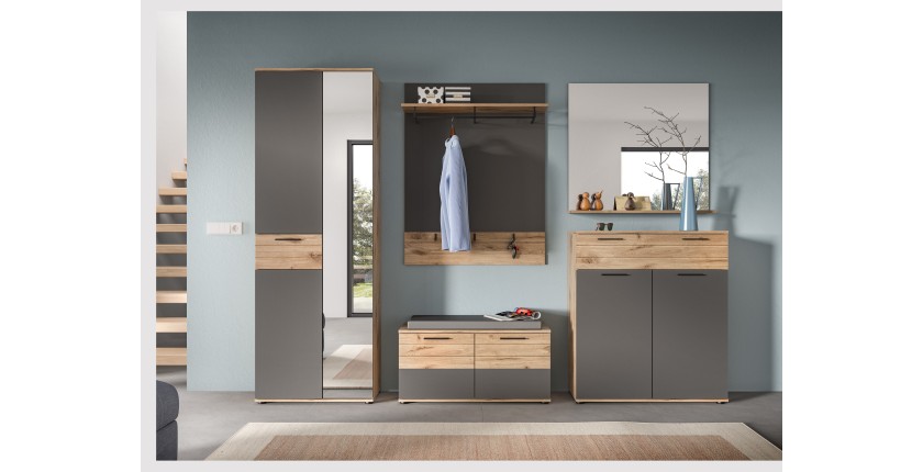 Ensemble de salle de bain : meuble sous vasque + demi colonne + miroir – Gris anthracite et chêne clair – SELMA