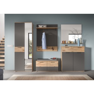 Ensemble de salle de bain : meuble sous vasque + demi colonne + miroir – Gris anthracite et chêne clair – SELMA