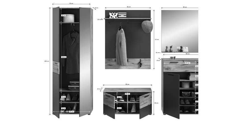 Ensemble de salle de bain : meuble sous vasque + demi colonne + miroir – Gris anthracite et chêne clair – SELMA