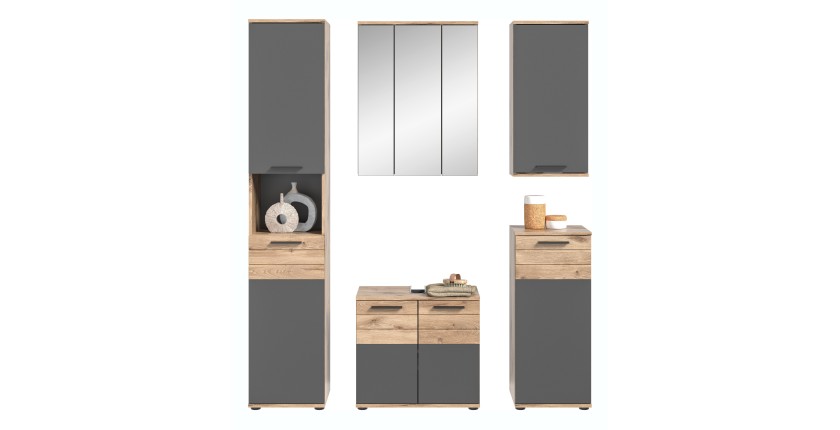 Ensemble de salle de bains : Meuble sous vasque, colonne, armoire de rangement avec miroir + 2 demi-colonne – Gris anthracite et